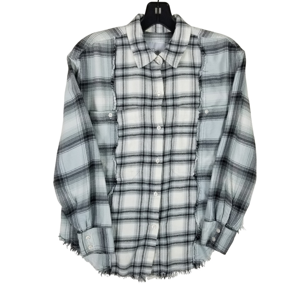 Rails Plaid Button Down Women XS Light Blue Frayed Raw Hem Mixed Pattern Shirt